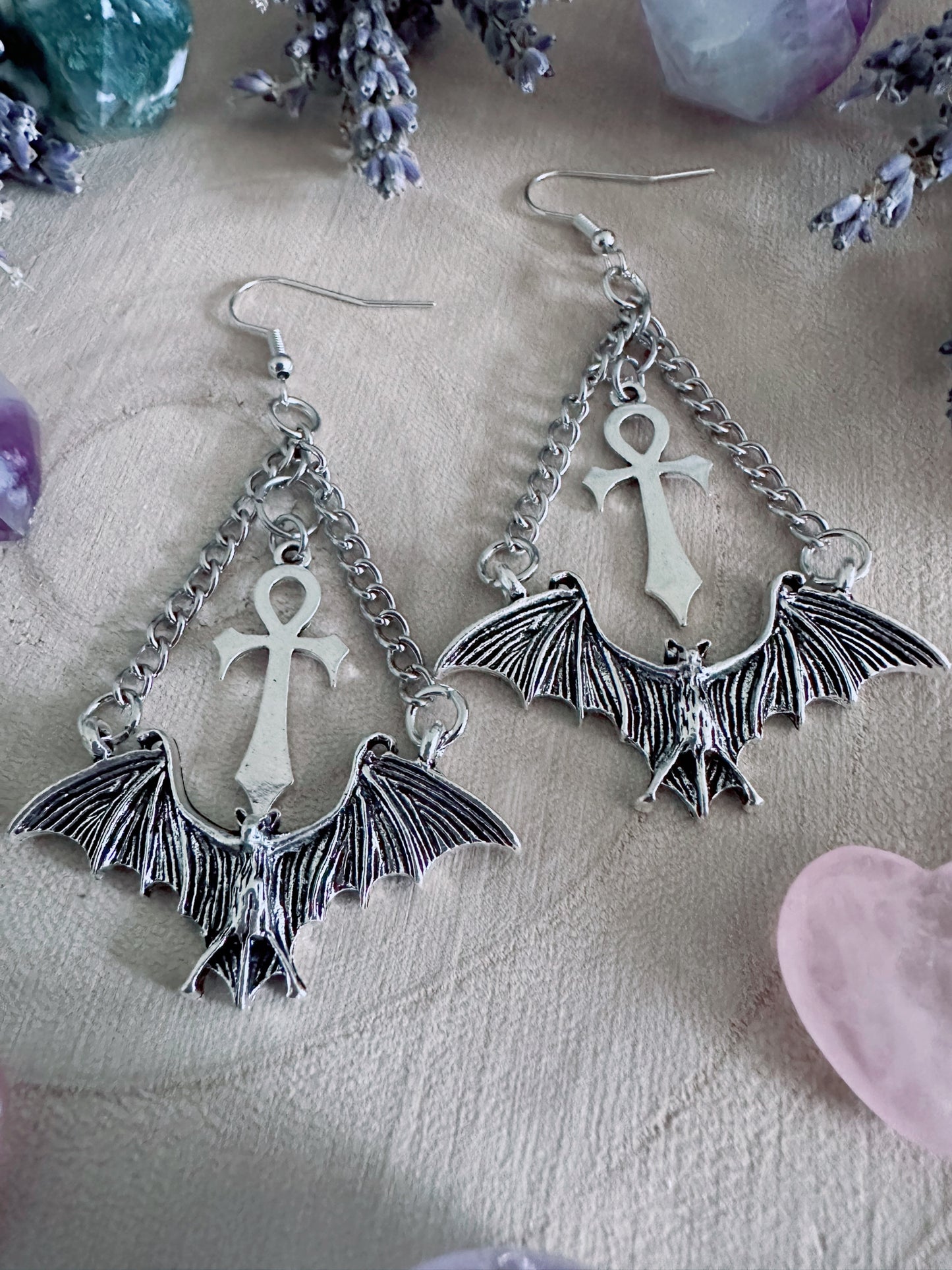 Eternal Flight Bat & Ankh Earrings