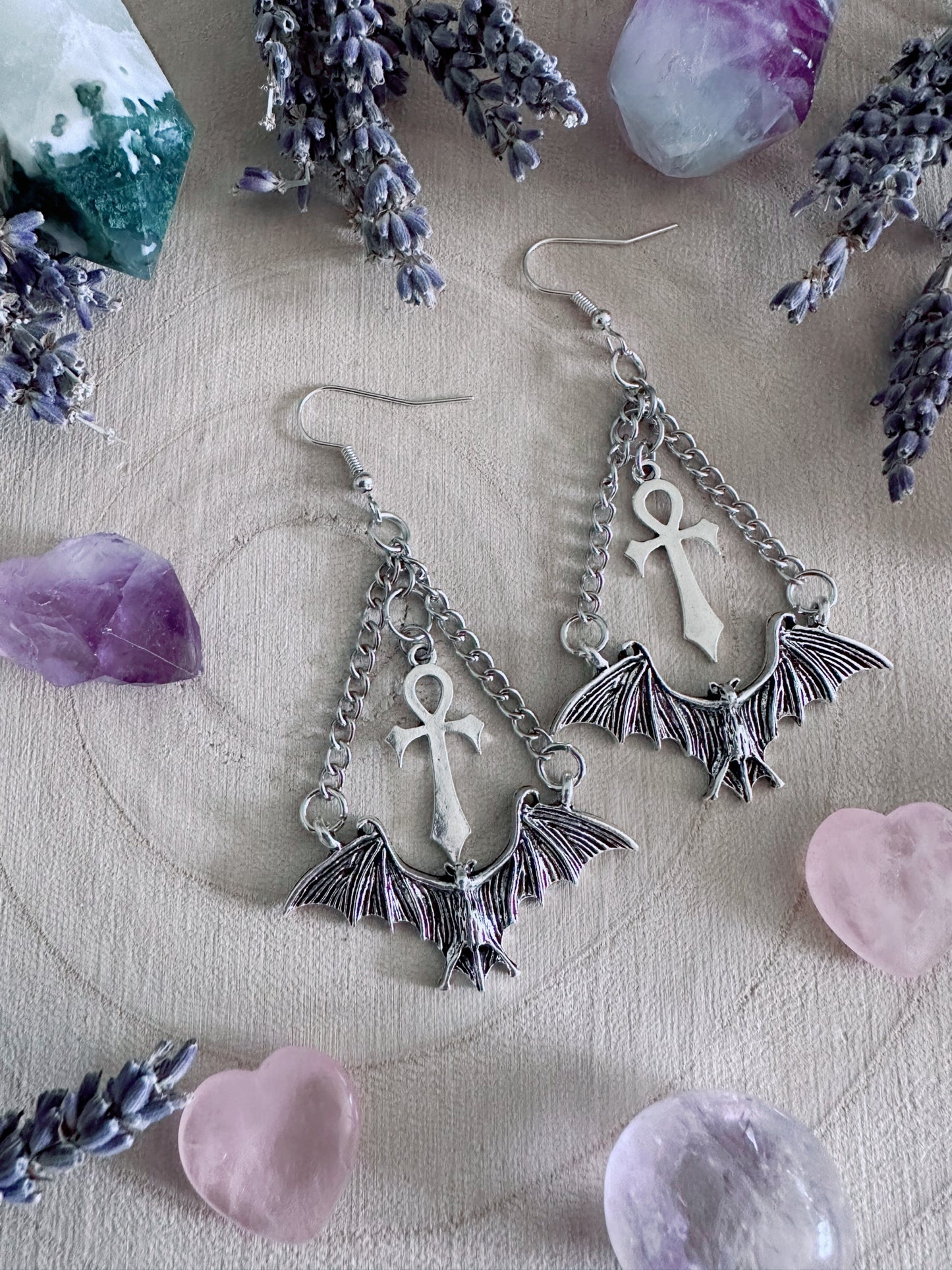 Eternal Flight Bat & Ankh Earrings