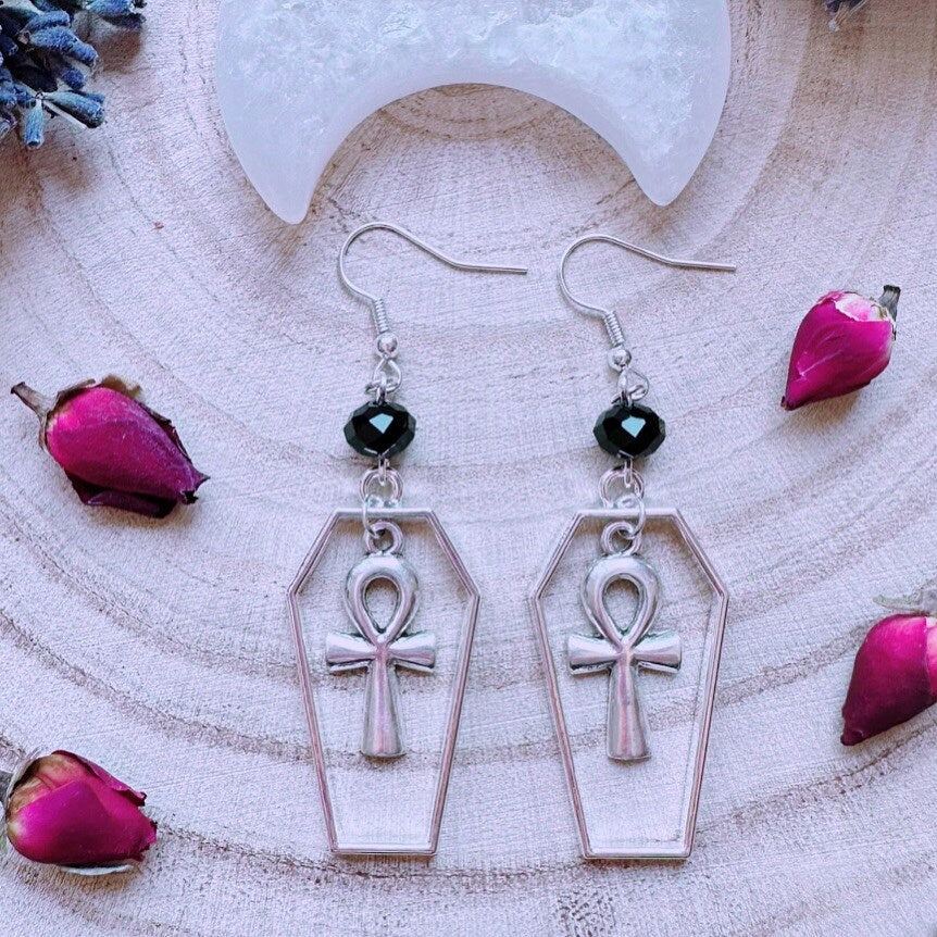 Ankh Of The Undead Coffin Earrings