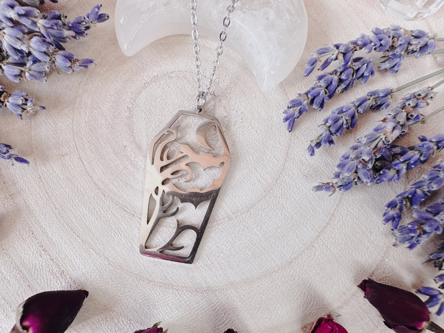 Stainless Steel Bat & Moon Coffin Necklace