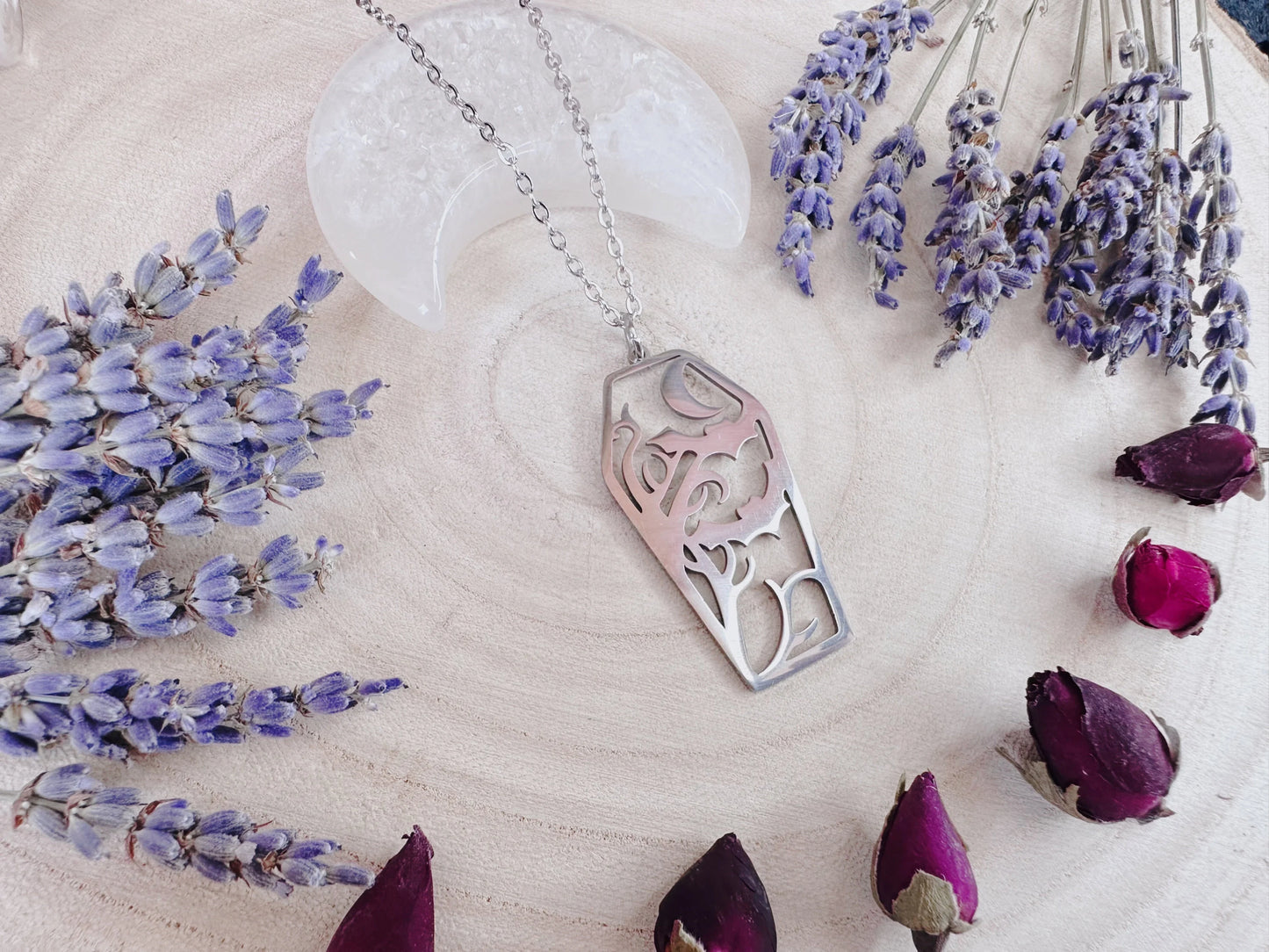 Stainless Steel Bat & Moon Coffin Necklace