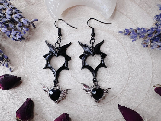 Black Heart Bat Wing Earrings