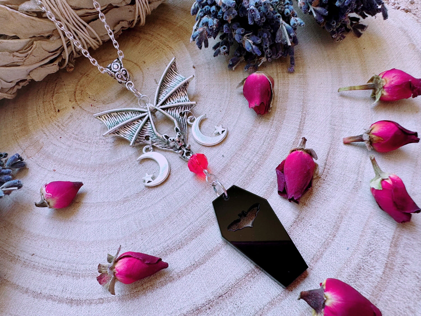 Moonlight Flight Bat & Coffin Necklace