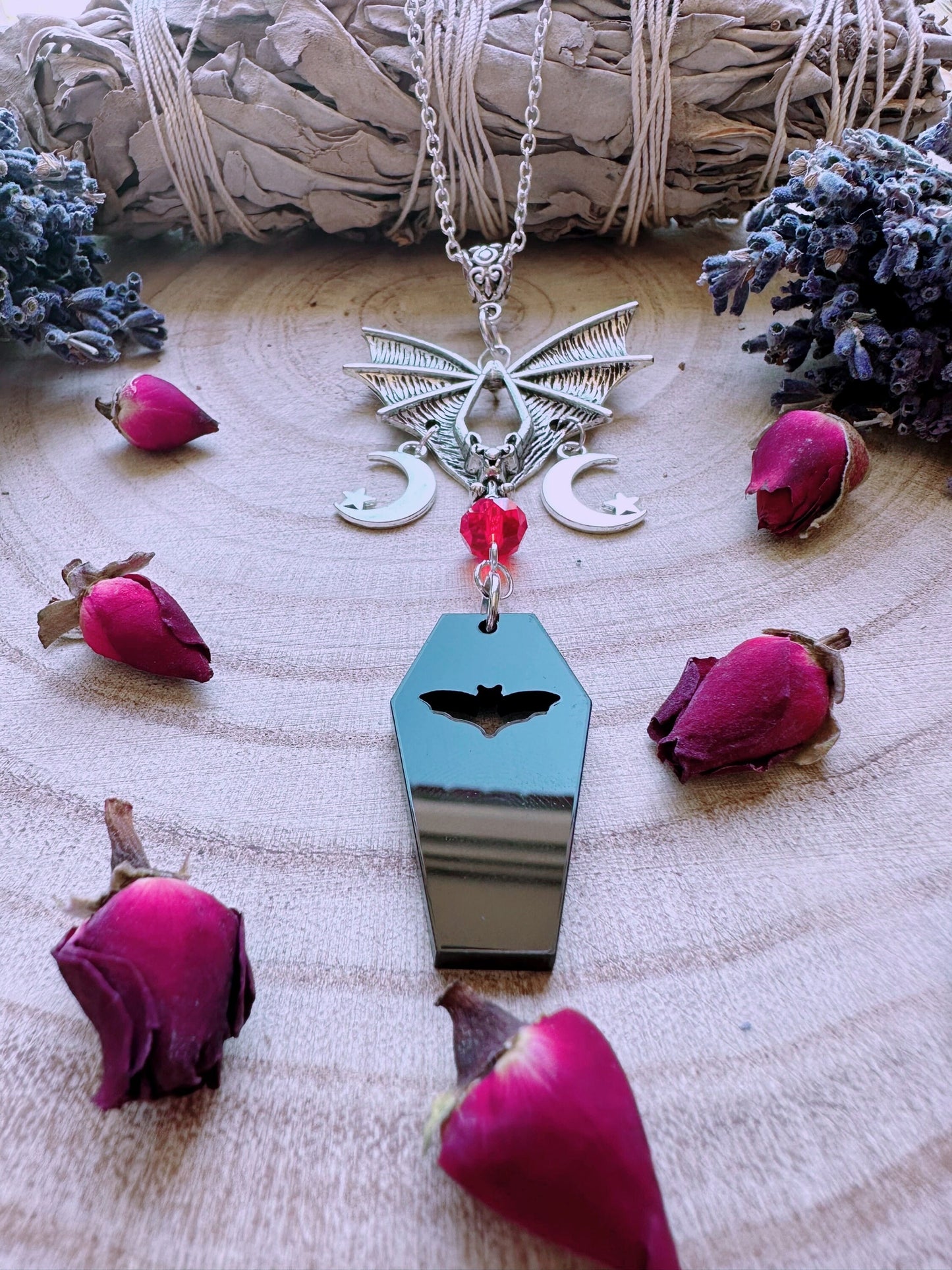Moonlight Flight Bat & Coffin Necklace