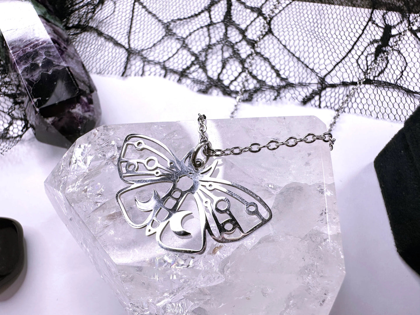 Stainless Steel Moon Moth Necklace