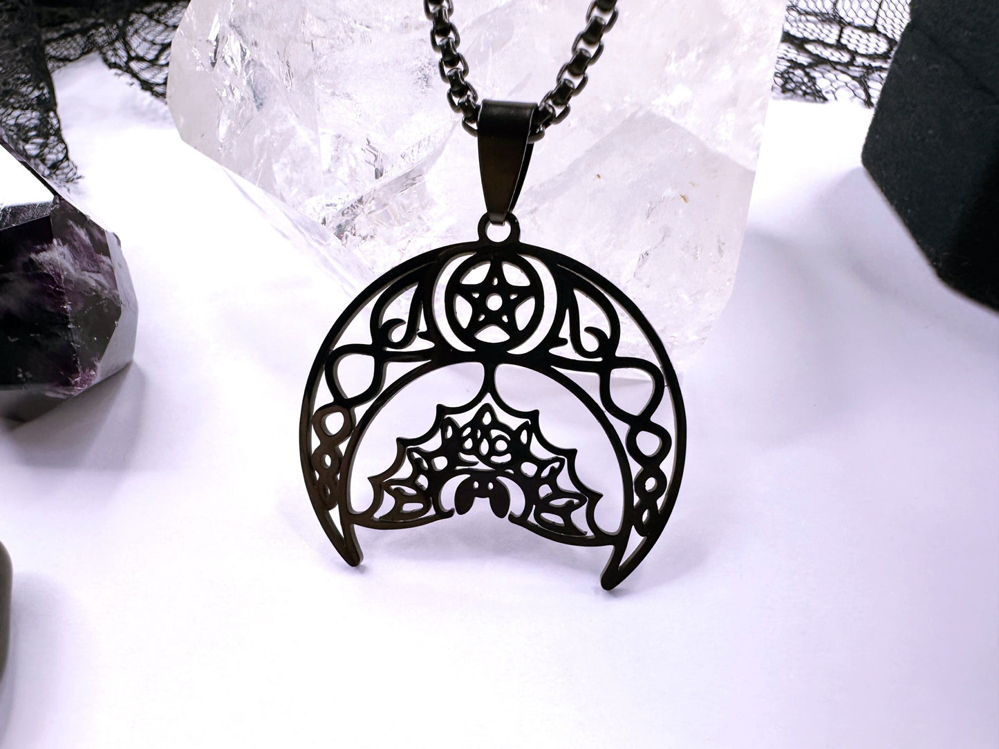 Stainless Steel Noir Bat Moon Necklace