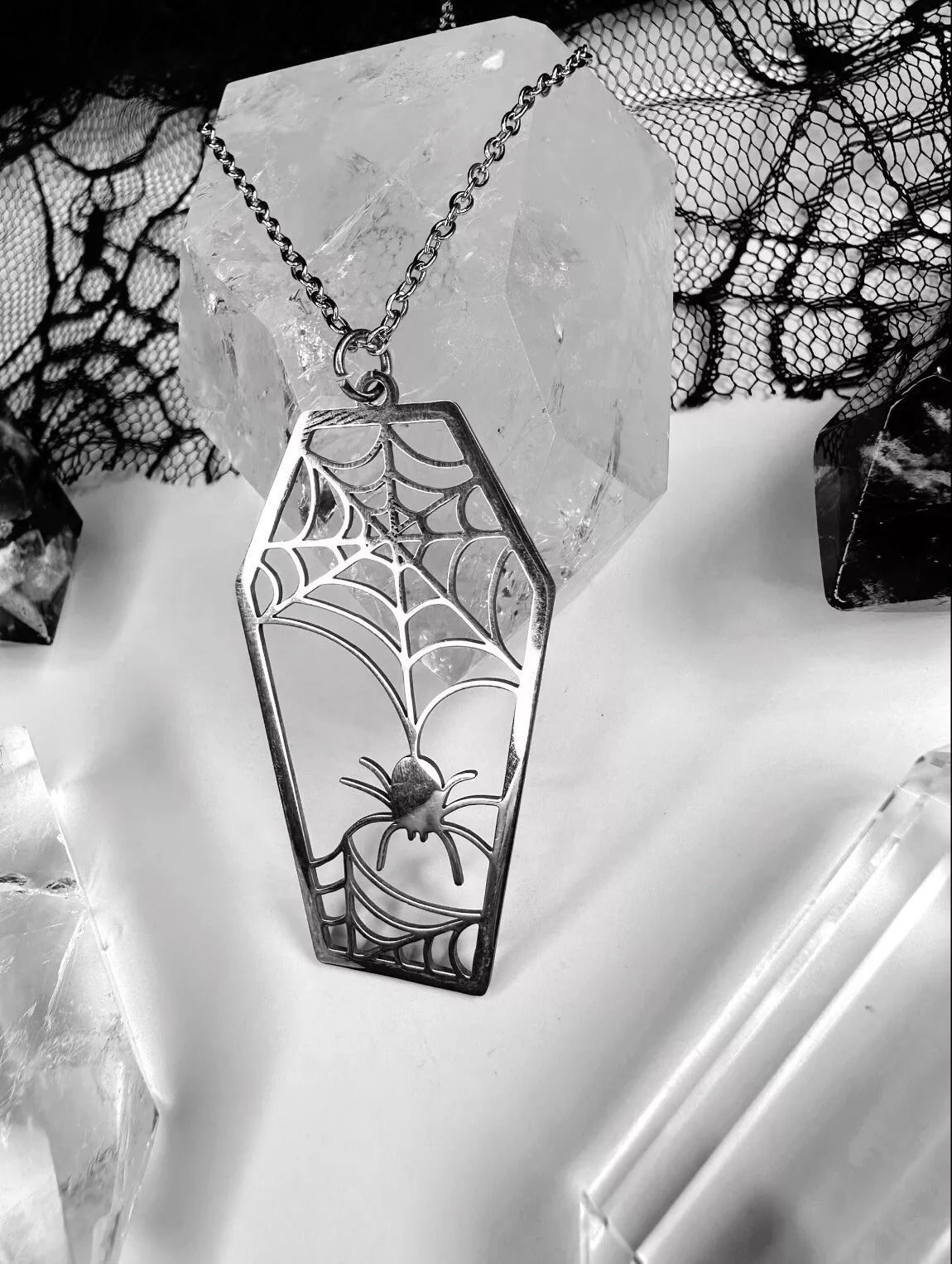Stainless Steel Spider Web Coffin Necklace