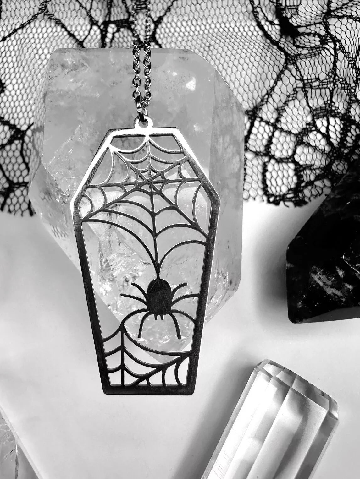 Stainless Steel Spider Web Coffin Necklace