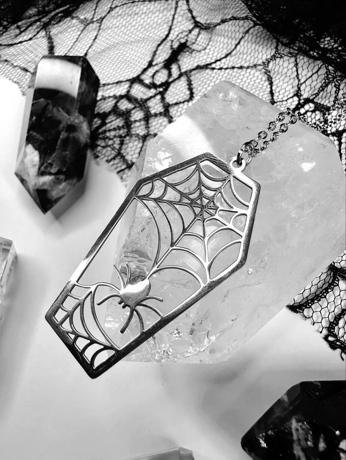 Stainless Steel Spider Web Coffin Necklace