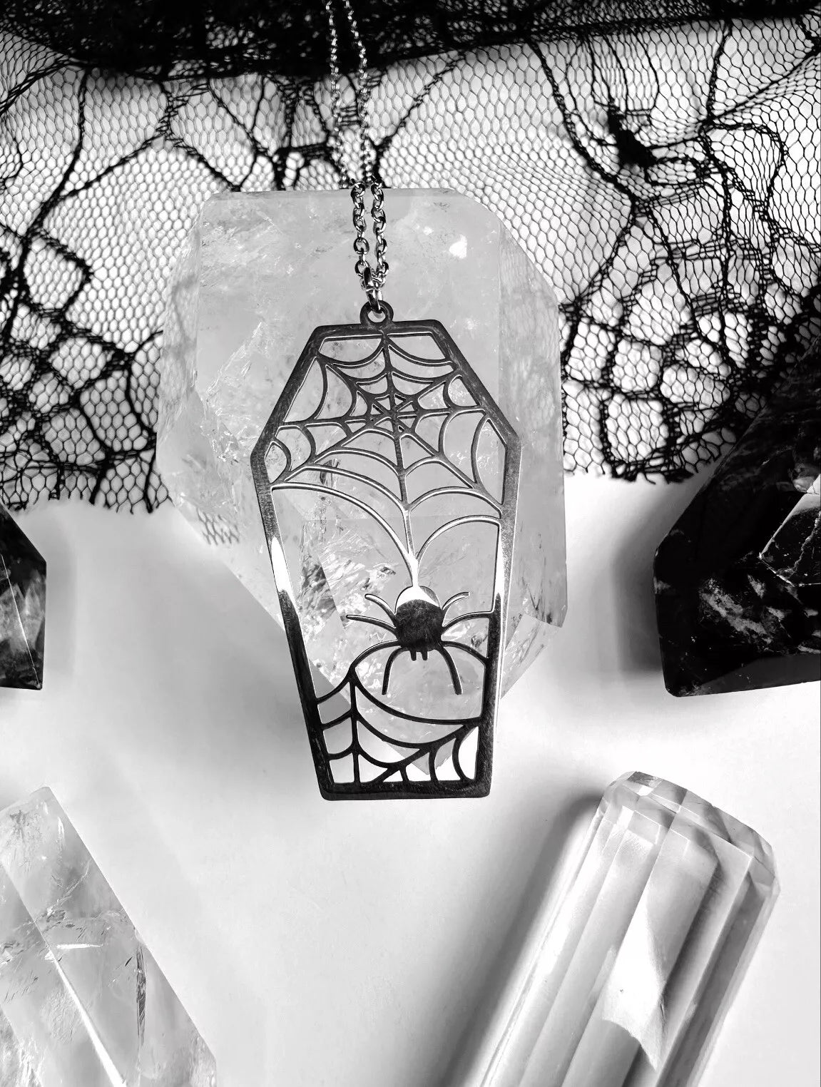 Stainless Steel Spider Web Coffin Necklace