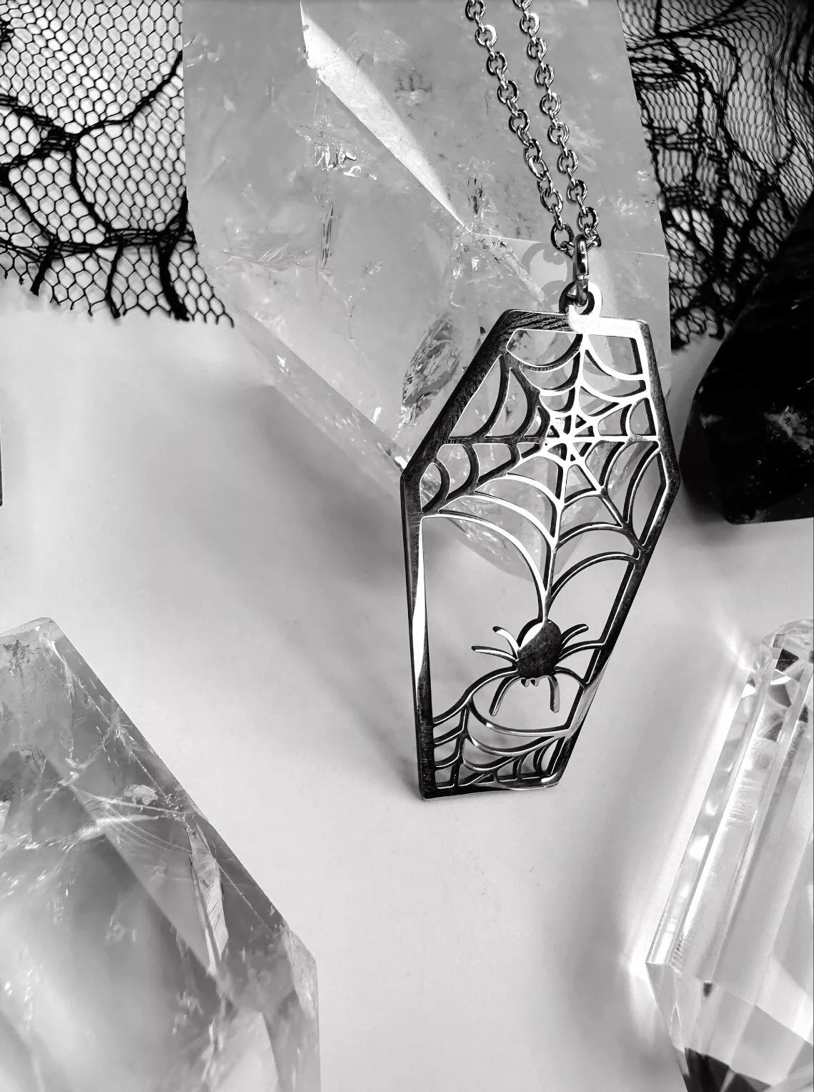 Stainless Steel Spider Web Coffin Necklace