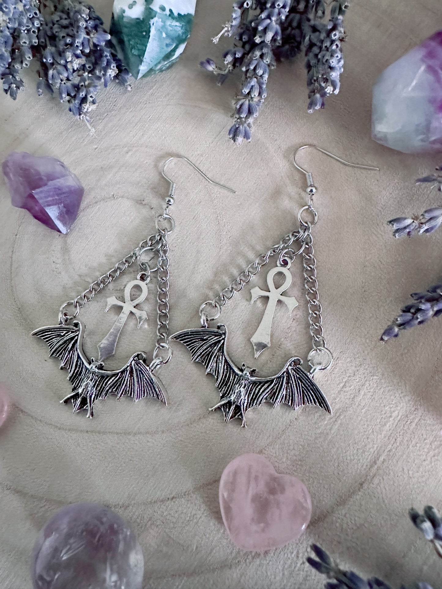 Eternal Flight Bat & Ankh Earrings