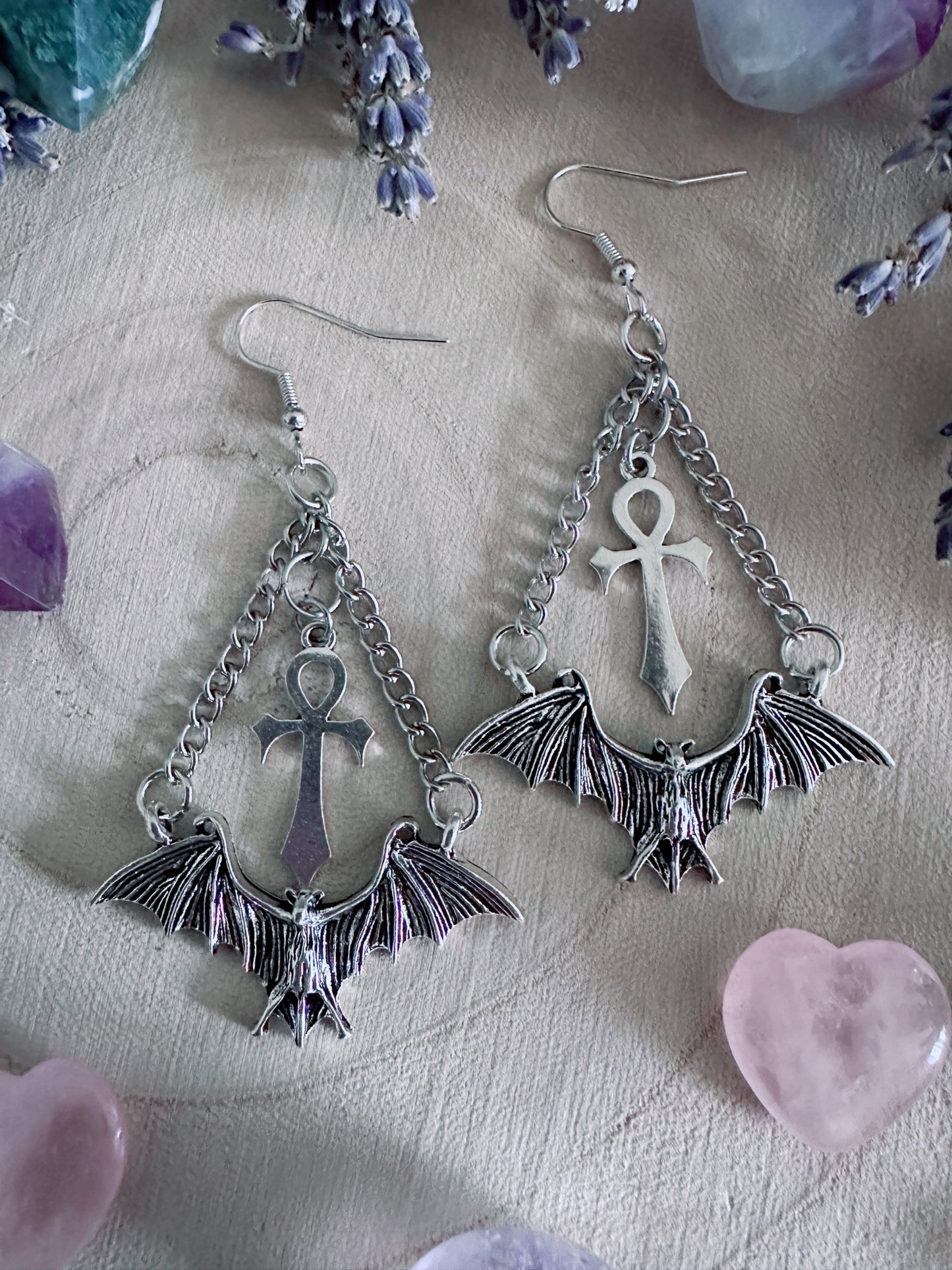 Eternal Flight Bat & Ankh Earrings