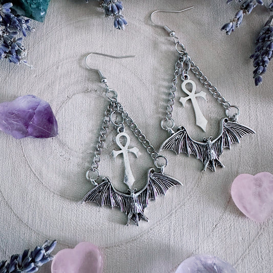 Eternal Flight Bat & Ankh Earrings