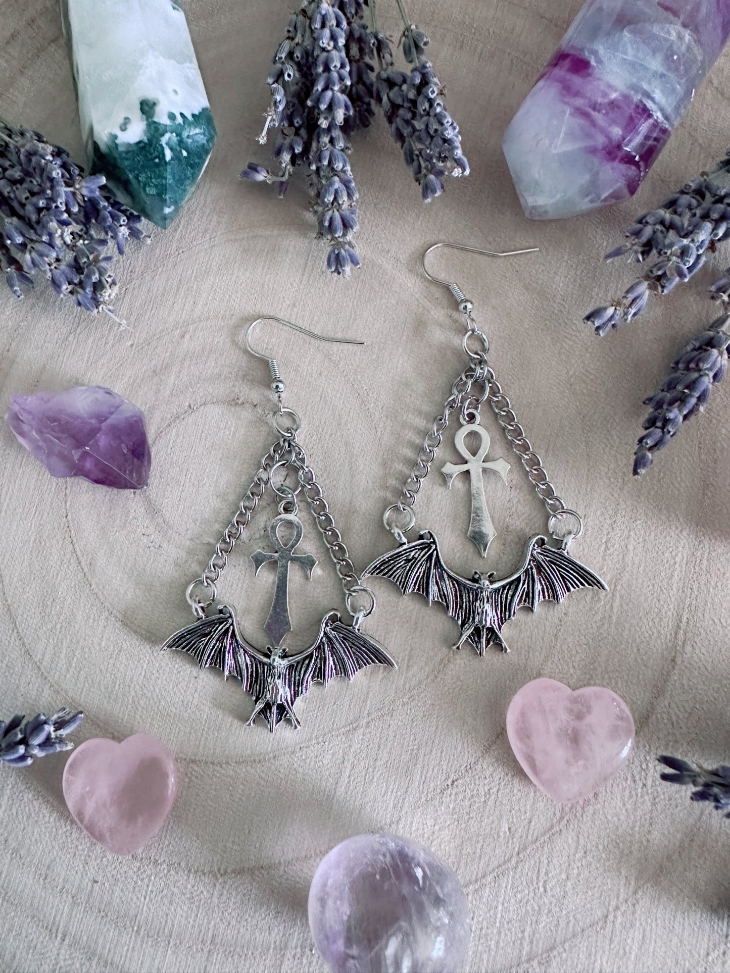 Eternal Flight Bat & Ankh Earrings
