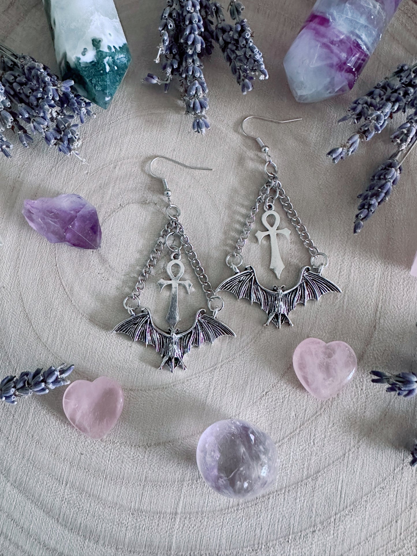 Eternal Flight Bat & Ankh Earrings