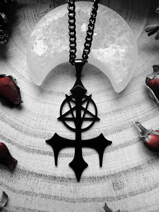 Stainless Steel Black Inverted Cross & Pentagram Necklace