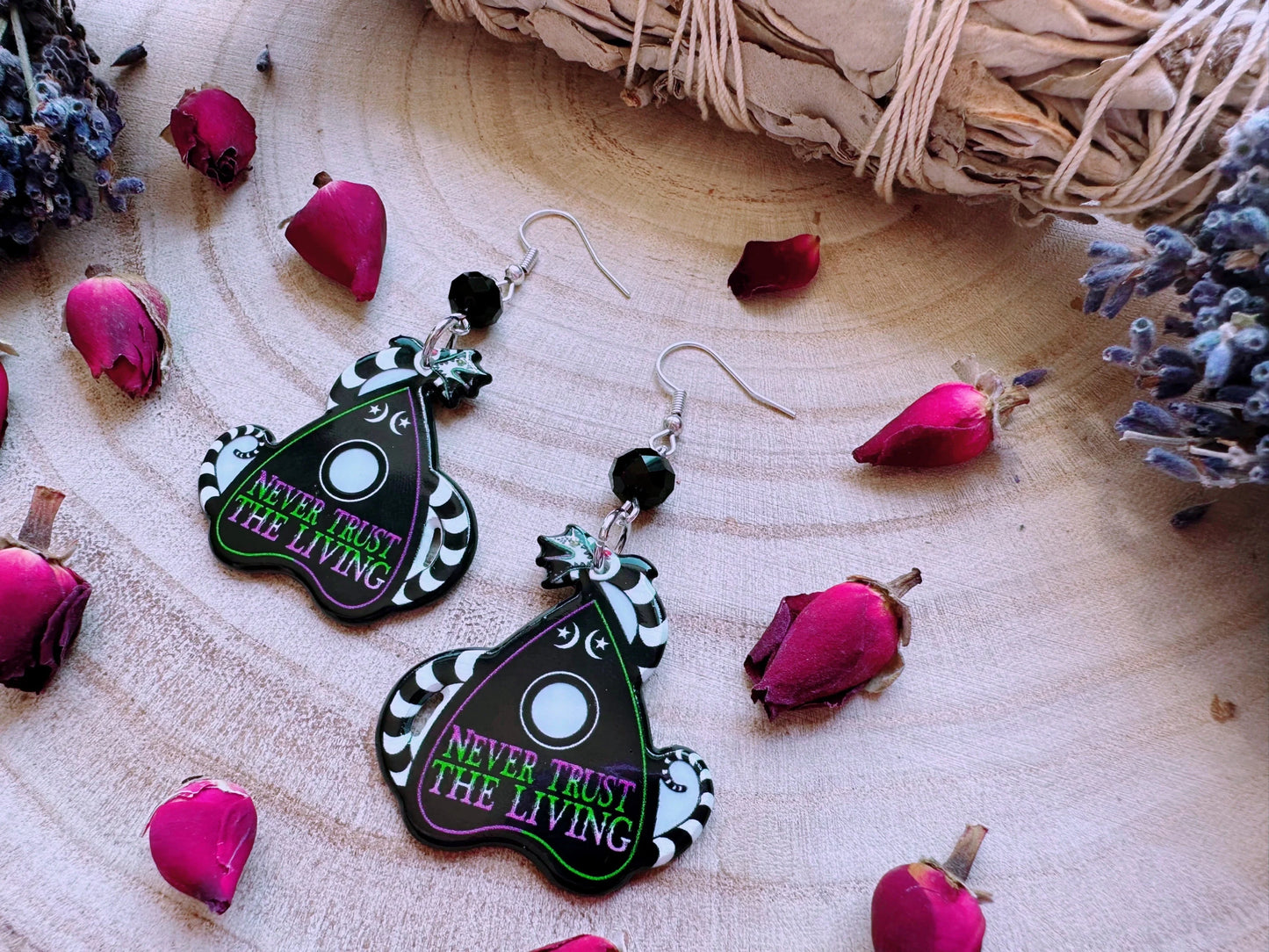 Never Trust The Living Ouija Planchette Earrings