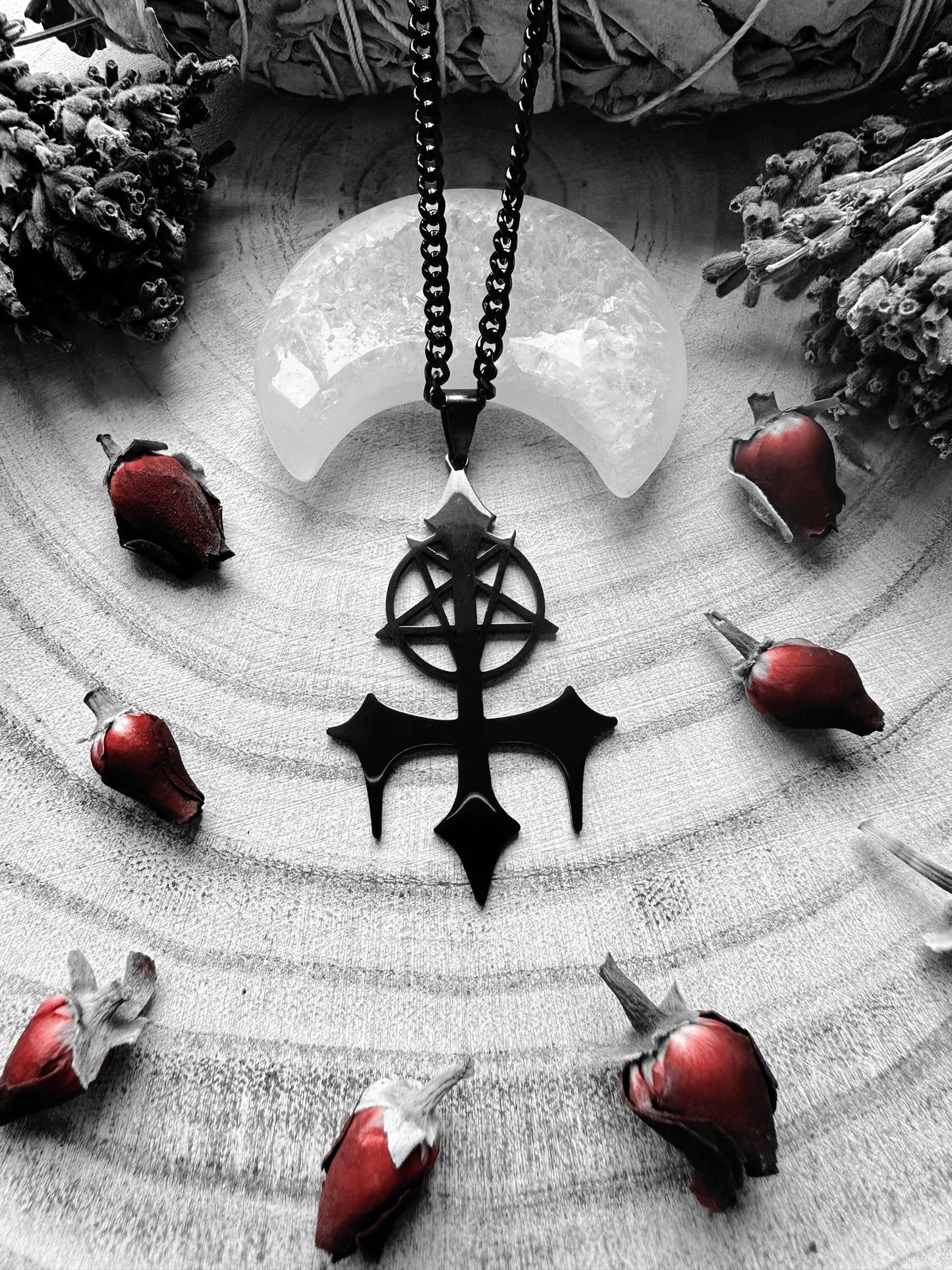 Stainless Steel Black Inverted Cross & Pentagram Necklace