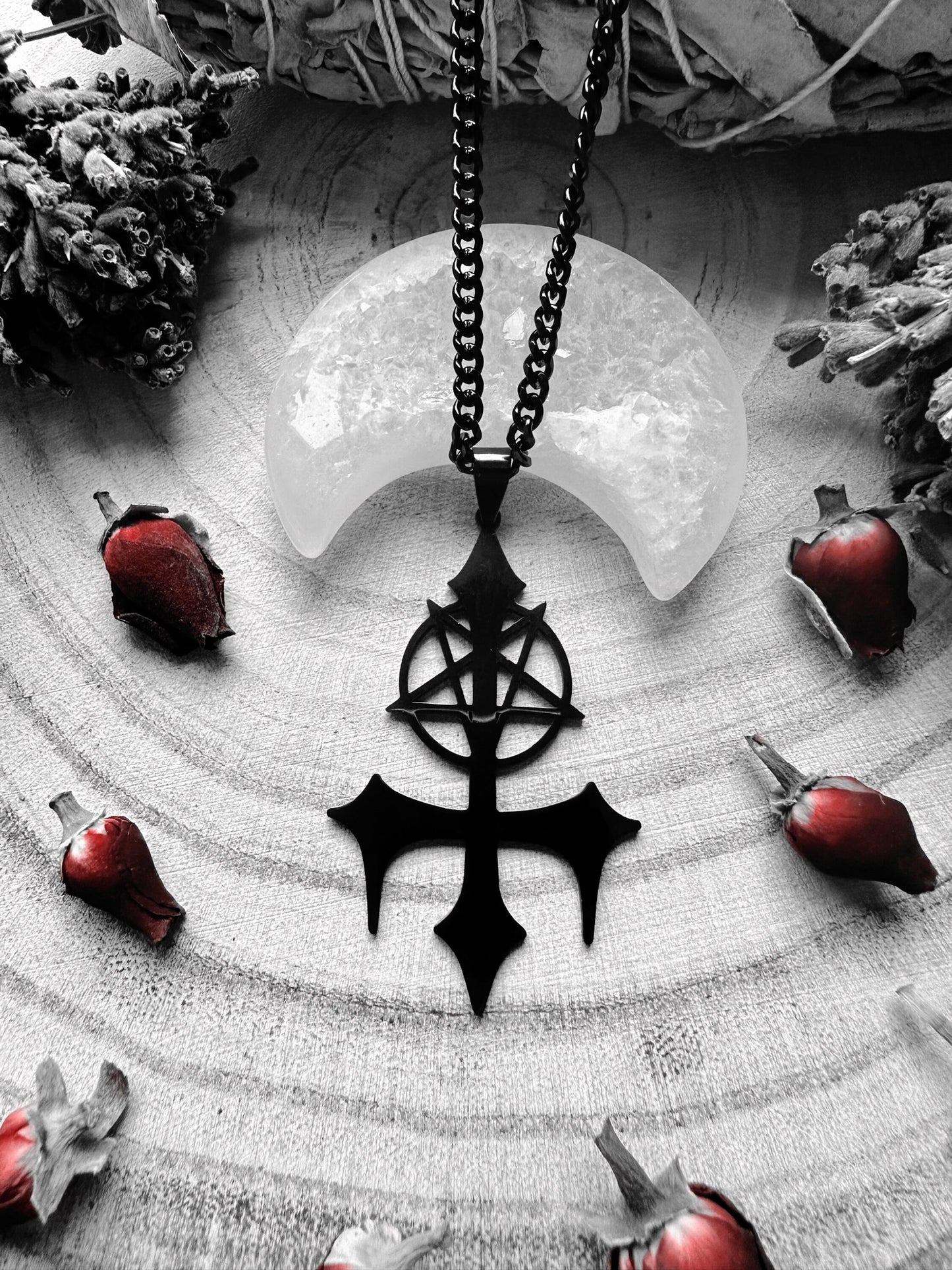 Stainless Steel Black Inverted Cross & Pentagram Necklace
