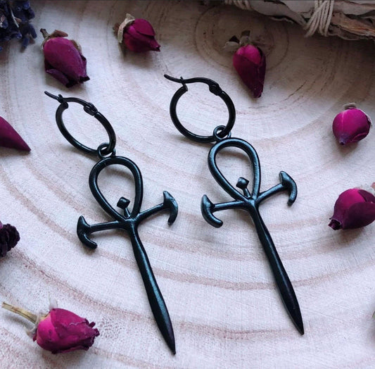 Black Ankh Of The Underworld Hoop Earrings