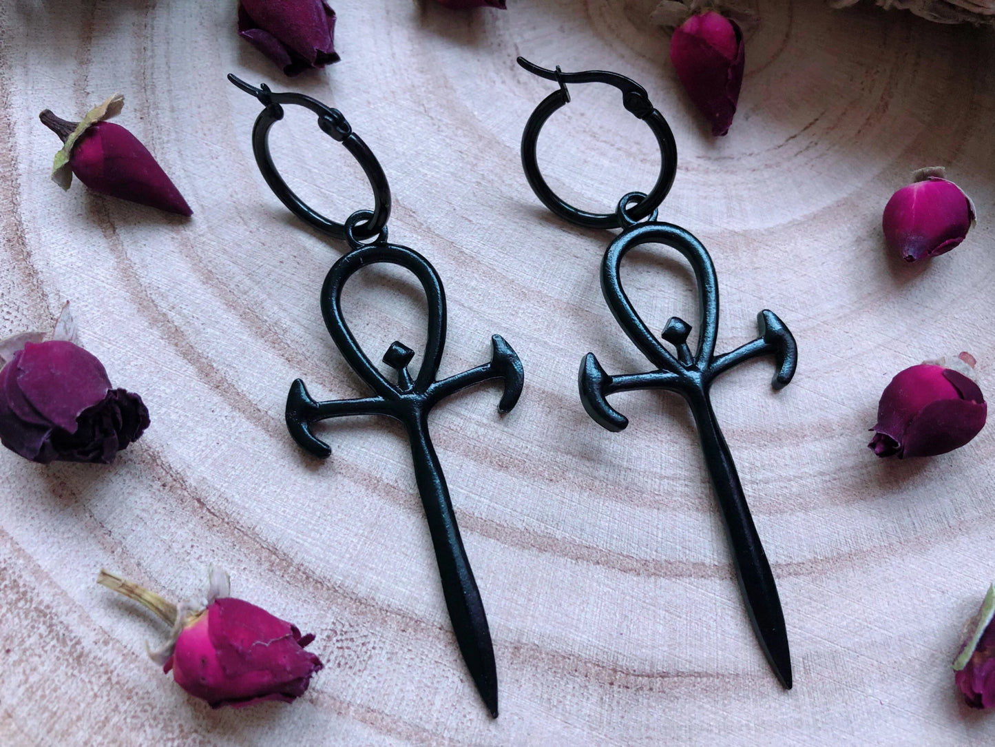 Black Ankh Of The Underworld Hoop Earrings