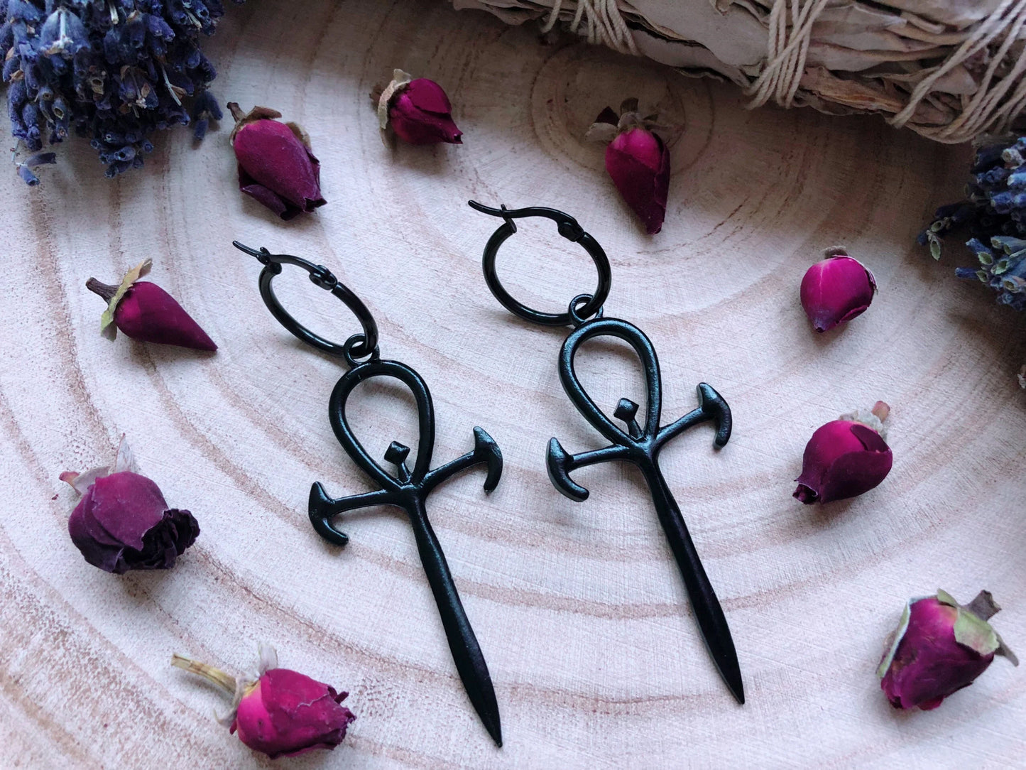 Black Ankh Of The Underworld Hoop Earrings