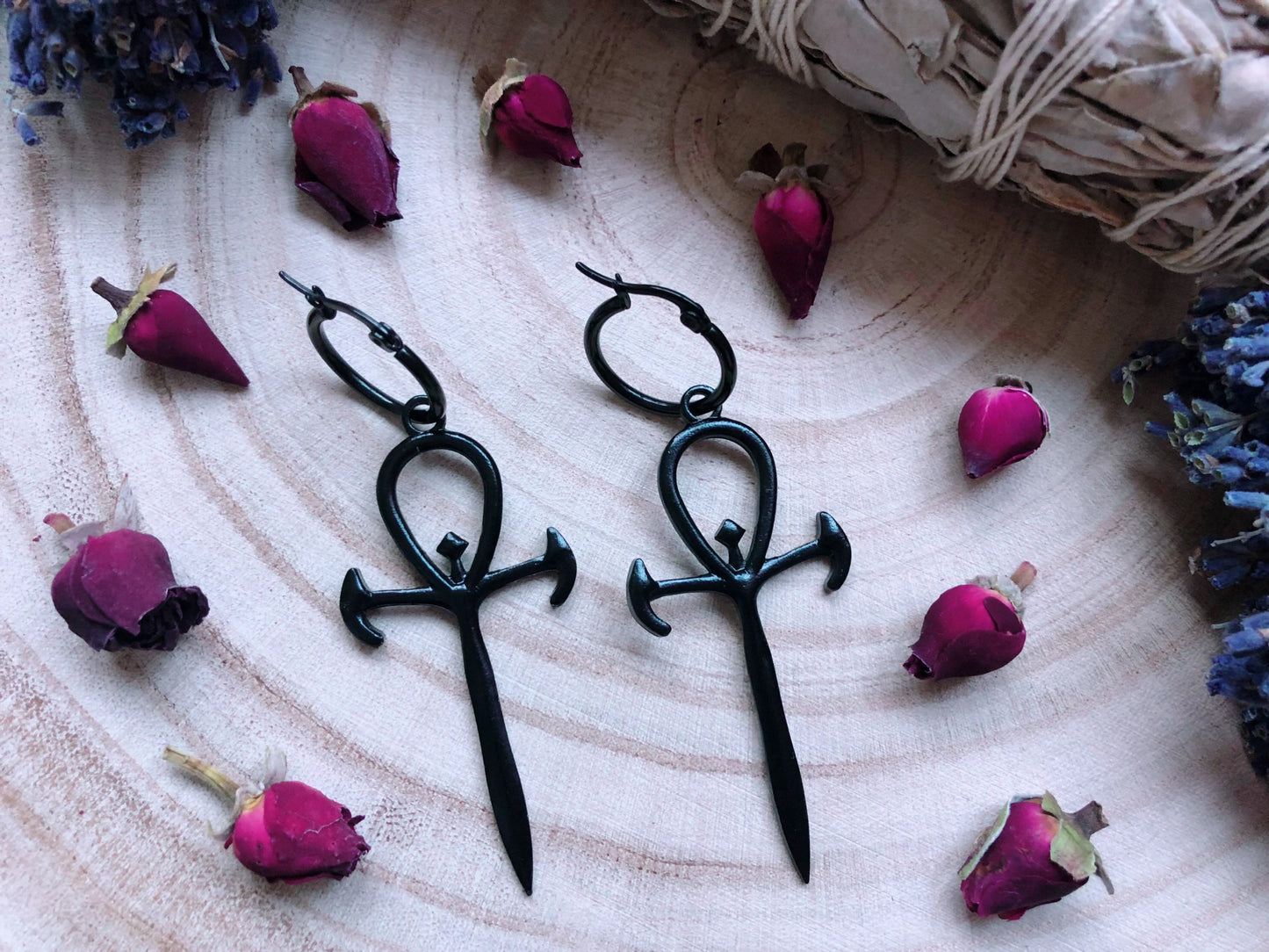 Black Ankh Of The Underworld Hoop Earrings