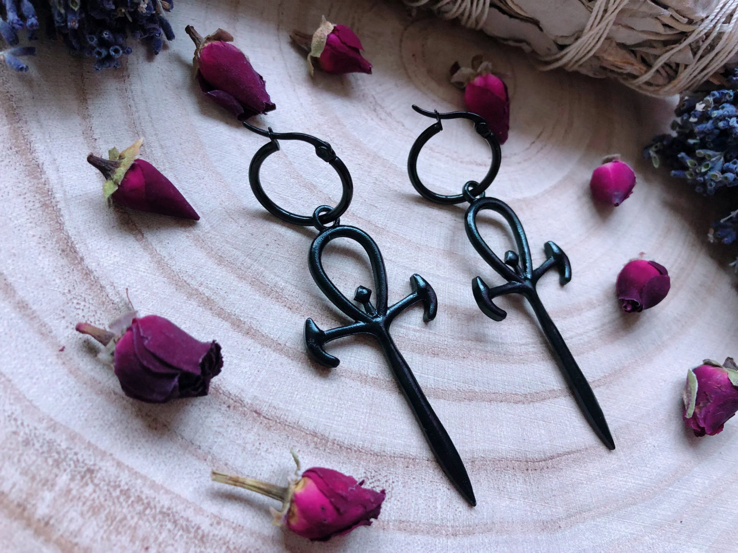 Black Ankh Of The Underworld Hoop Earrings