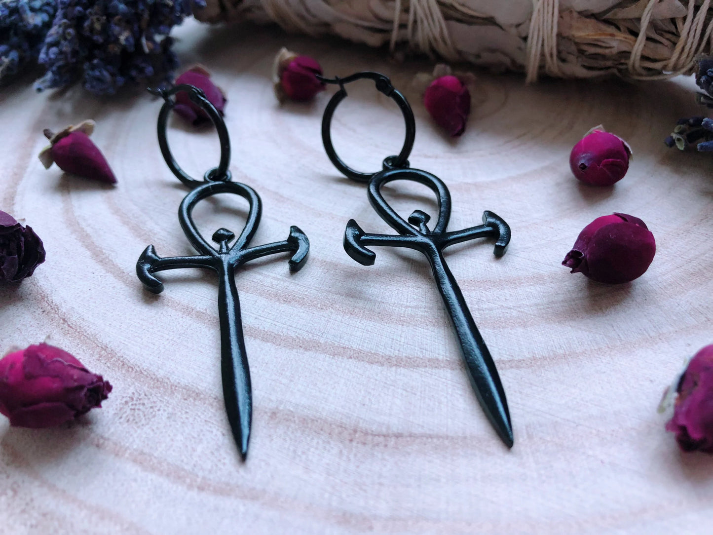 Black Ankh Of The Underworld Hoop Earrings