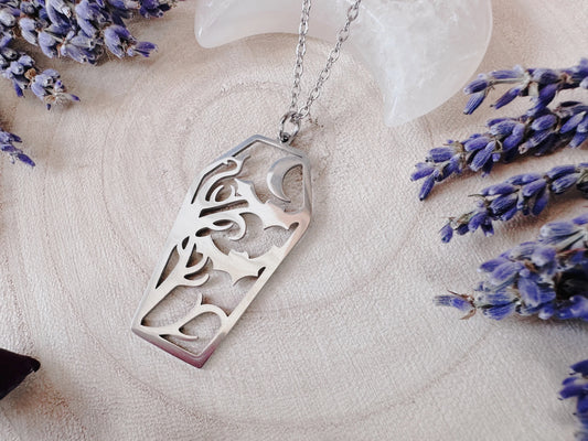 Stainless Steel Bat & Moon Coffin Necklace