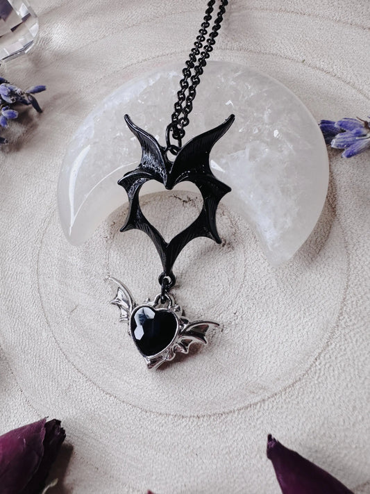 Black Heart Bat Wing Necklace