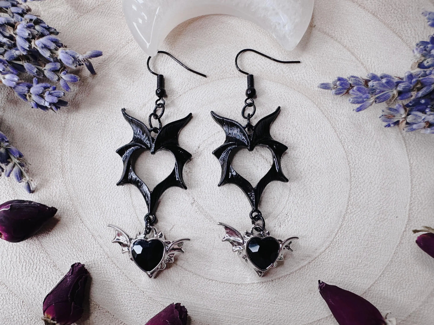 Black Heart Bat Wing Earrings