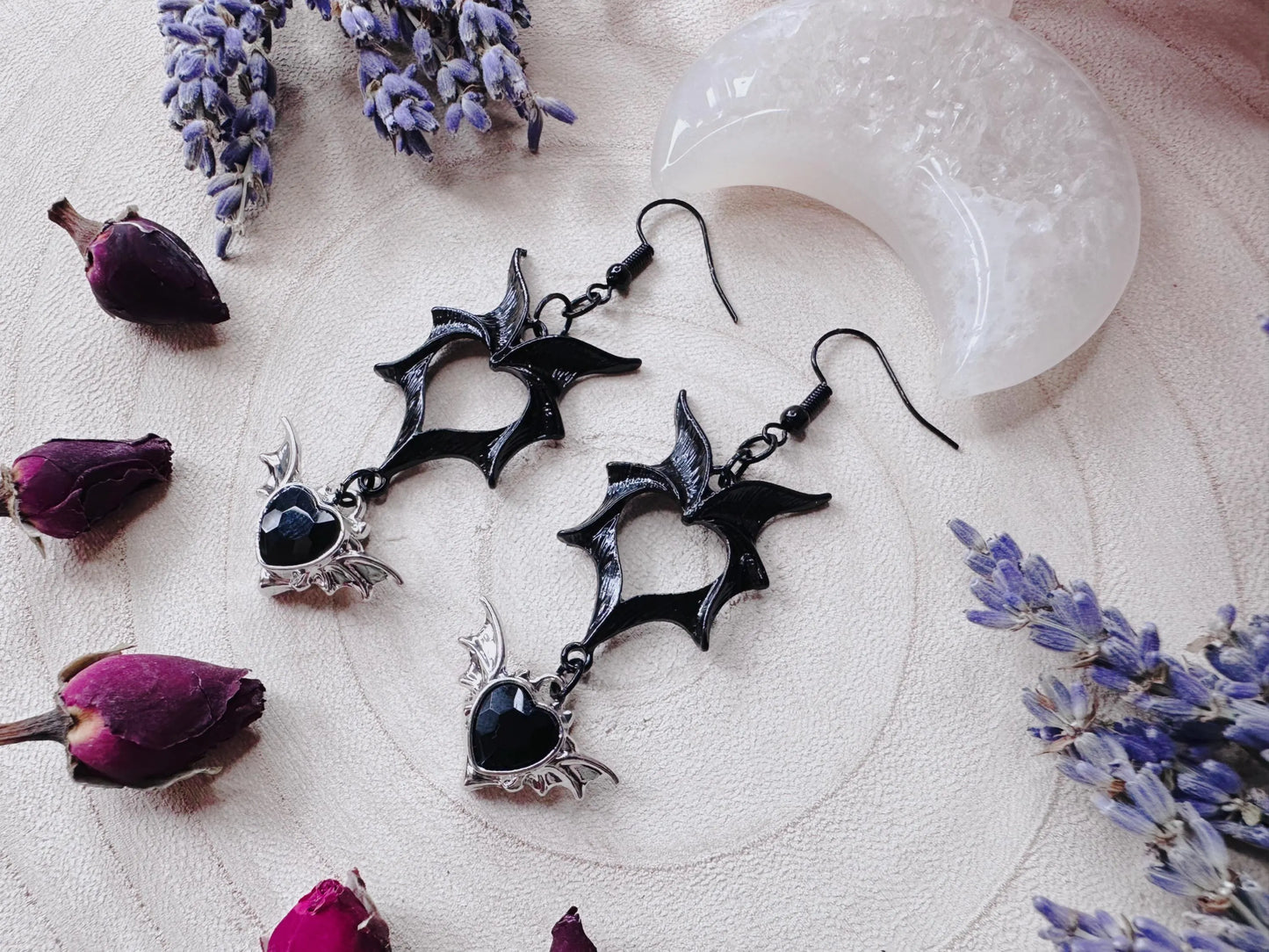 Black Heart Bat Wing Earrings