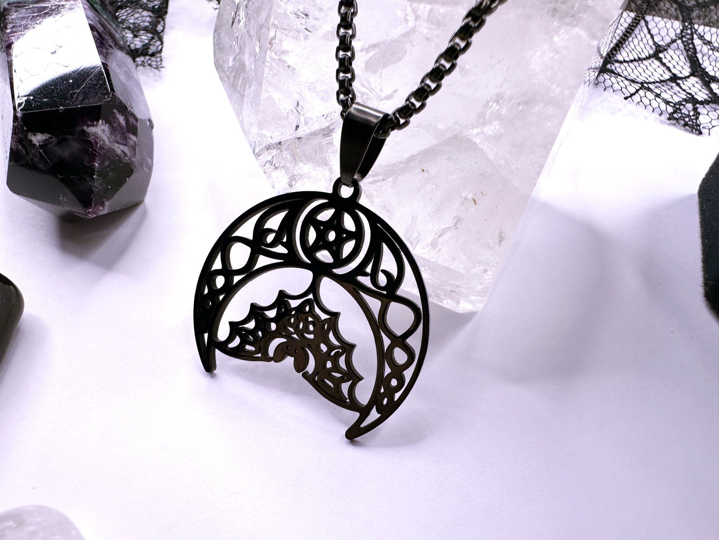 Stainless Steel Noir Bat Moon Necklace