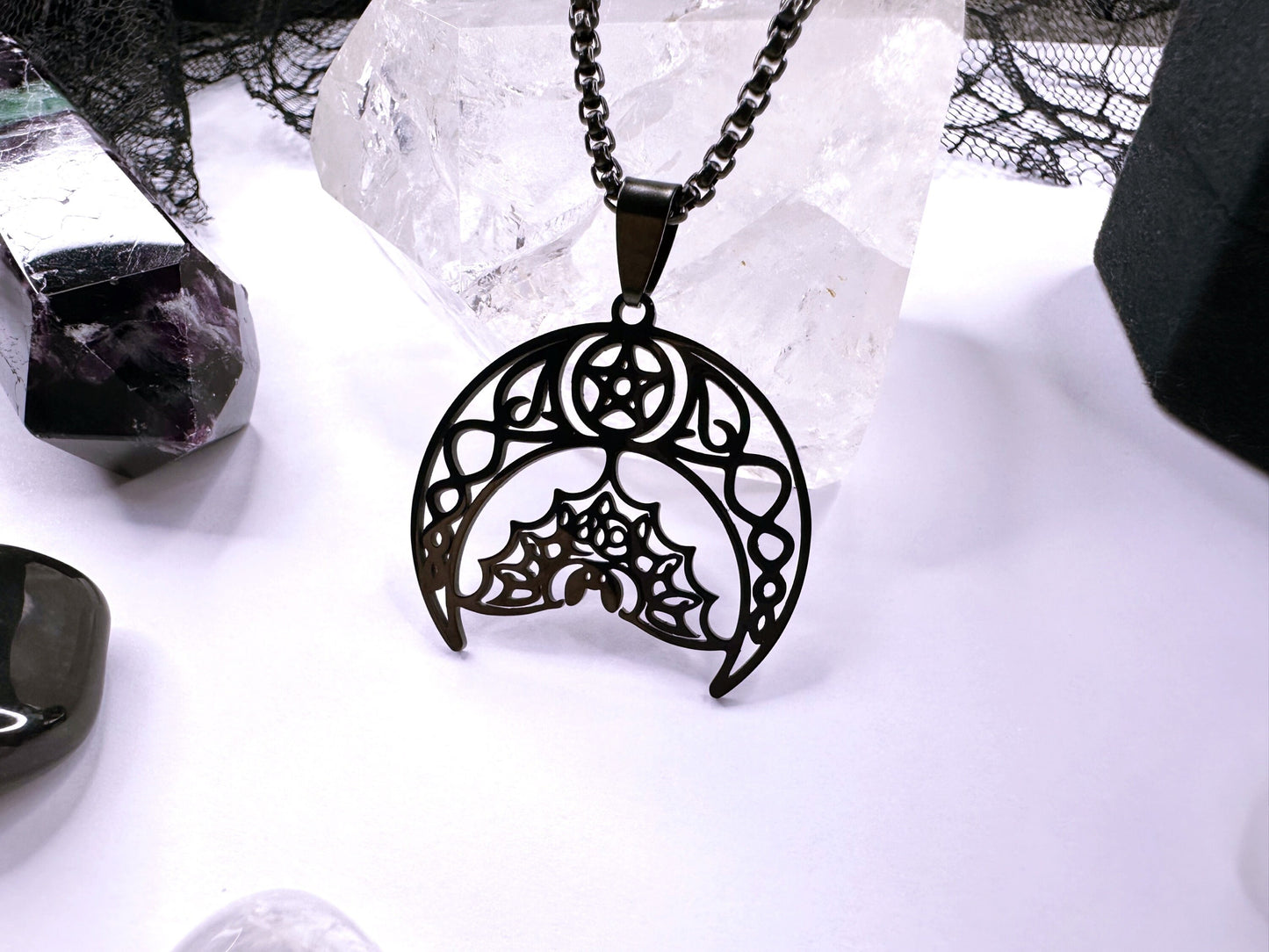 Stainless Steel Noir Bat Moon Necklace