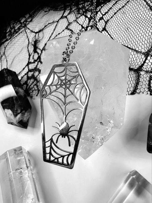 Stainless Steel Spider Web Coffin Necklace